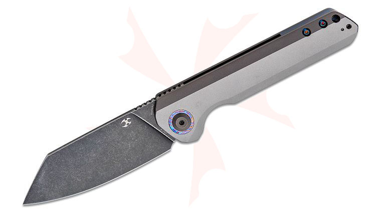Kansept Knives Bulldozer Front Flipper Knife 3.56 inch CPM-20CV Black Reverse Tanto Blade, Gray Titanium Handles, Timascus Clip and Pivot Collar