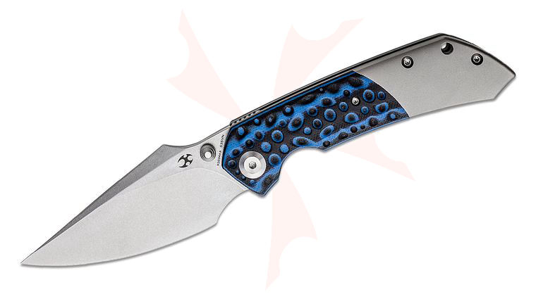 Kansept Knives Fenrir Front Flipper 3.48 inch CPM-S35VN Stonewashed Harpoon Blade, Bead Blasted Titanium Handles with Blue and Black G10 Inlays