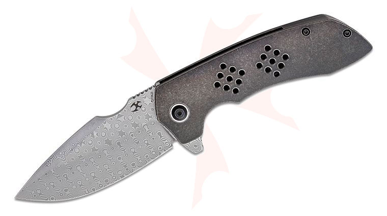 Kansept Knives Entity Flipper Knife 3.52 inch Damascus Drop Point Blade, Black Stonewashed Titanium Handles
