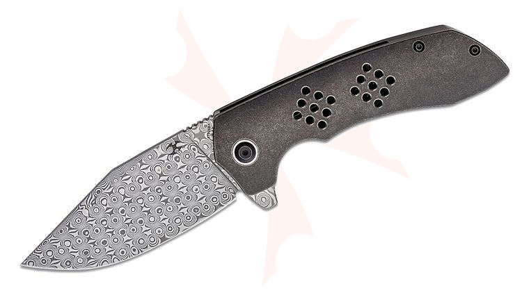 Kansept Knives Entity Flipper Knife 3.52 inch Damascus Clip Point Blade, Black Stonewashed Titanium Handles