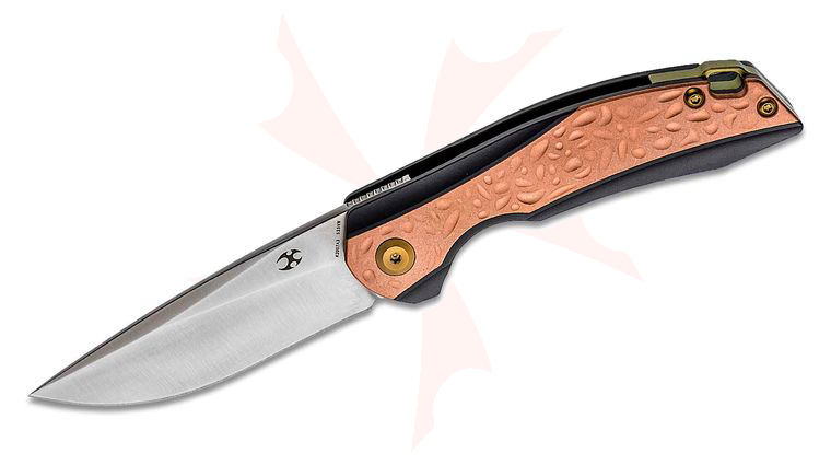 Kansept Knives Mini Accipiter Front Flipper Knife 2.9 inch CPM-S35VN Satin Drop Point Blade, Black Titanium Handles with Copper Inlay