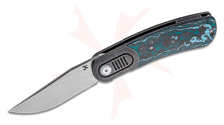 Kansept Knives Reverie Front Flipper 2.92 inch CPM-S35VN Satin Clip Point Blade, Arctic Storm Carbon Fiber Handles and Black Titanium Bolsters