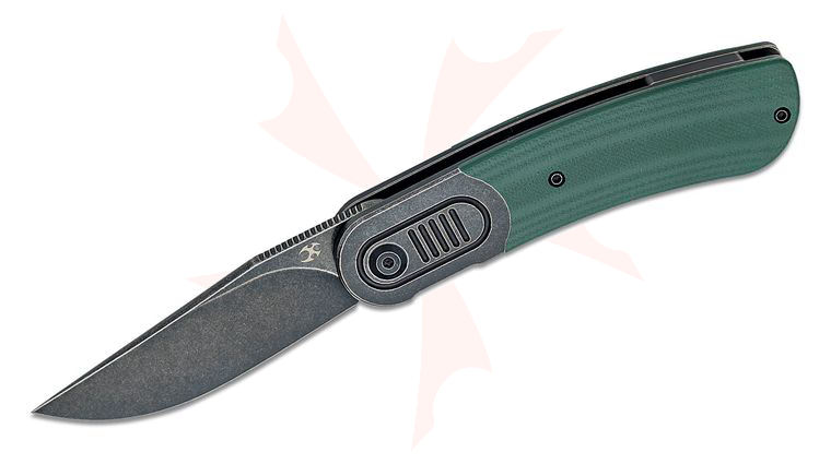 Kansept Knives Reverie Front Flipper 2.92 inch CPM-S35VN Black Stonewashed Clip Point Blade, Green Micarta Handles and Black Titanium Bolsters