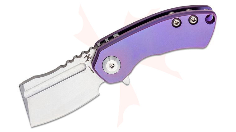 Kansept Knives Mini Korvid Flipper Knife 1.45 inch S35VN Stonewashed Cleaver Blade, Purple Titanium Handles