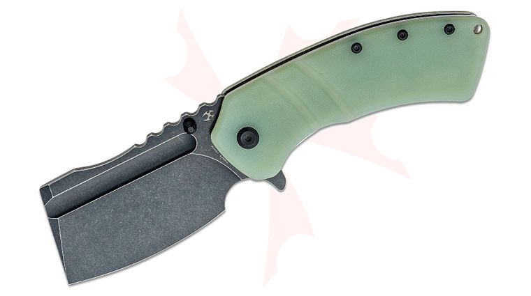 Kansept Knives XL Korvid Flipper Knife 3.55 inch 154CM Black Stonewashed Cleaver Blade, Jade G10 Handles