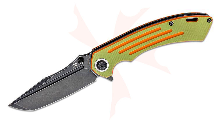 Kansept Knives Pretatout Flipper 3.56 inch 154CM Black Modified Tanto Blade, Green and Orange G10 Handles