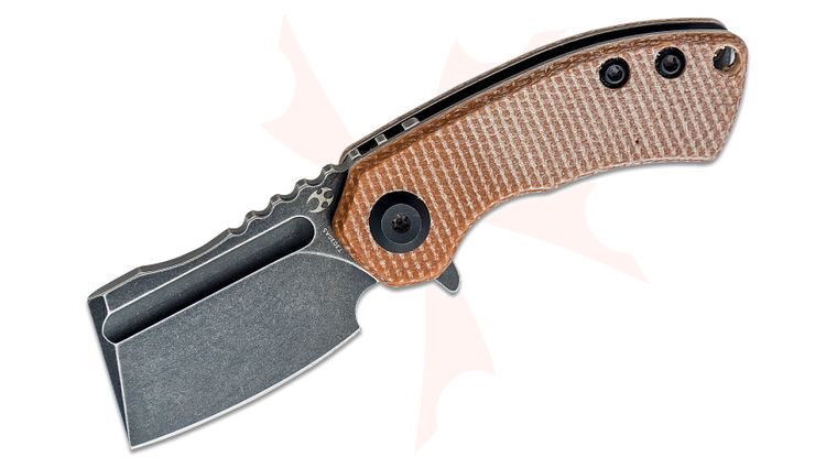 Kansept Knives Mini Korvid Flipper Knife 1.45 inch 154CM Black Stonewashed Cleaver Blade, Brown Micarta Handles