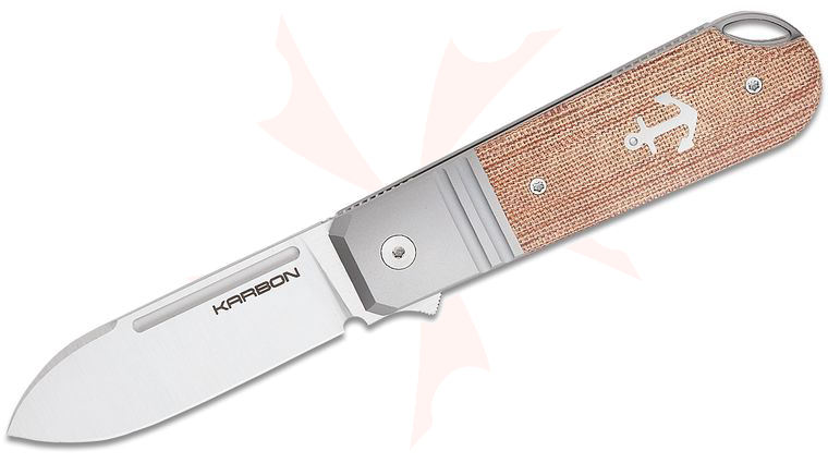 Karbon Knives Ken Onion Ahoy Frame Lock Flipper Knife 3.13 inch M390 Satin Spear Point Blade, Bolstered Titanium Handles with Natural Micarta Scales