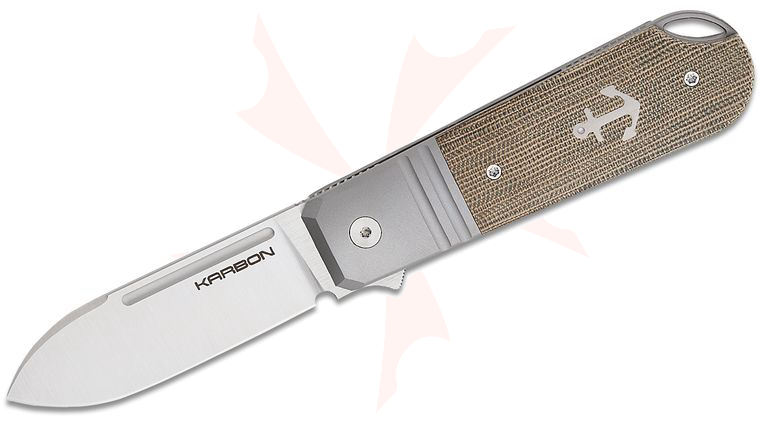 Karbon Knives Ken Onion Ahoy Frame Lock Flipper Knife 3.13 inch M390 Satin Spear Point Blade, Bolstered Titanium Handles with Green Micarta Scales