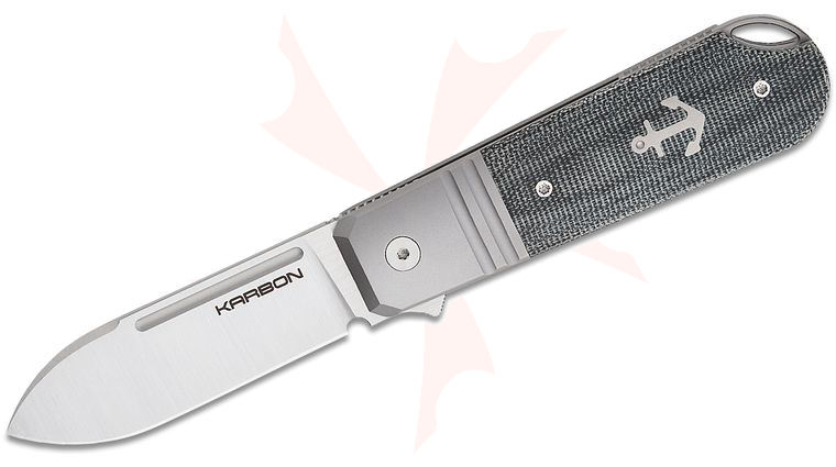 Karbon Knives Ken Onion Ahoy Frame Lock Flipper Knife 3.13 inch M390 Satin Spear Point Blade, Bolstered Titanium Handles with Black Micarta Scales