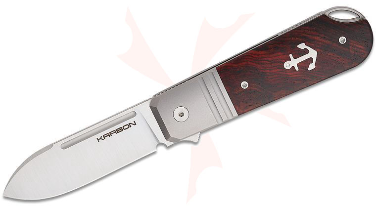 Karbon Knives Ken Onion Ahoy Frame Lock Flipper Knife 3.13 inch M390 Satin Spear Point Blade, Bolstered Titanium Handles with Desert Ironwood Scales