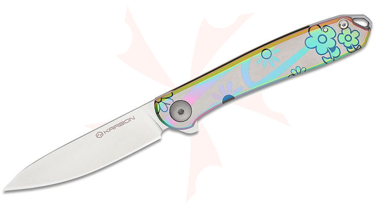 Karbon Knives Ken Onion Tidbit Frame Lock Flipper Knife 3 inch N690 Satin Drop Point Blade, Floral Stainless Steel Handles