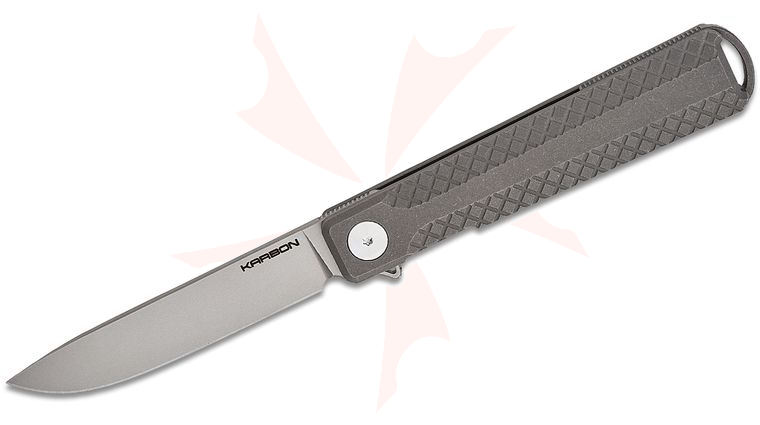 Karbon Knives Beatnik Bolstered Frame Lock Flipper Knife 3.25 inch CPM-20CV Bead Blasted Drop Point Blade, Milled Stonewashed Titanium Handles