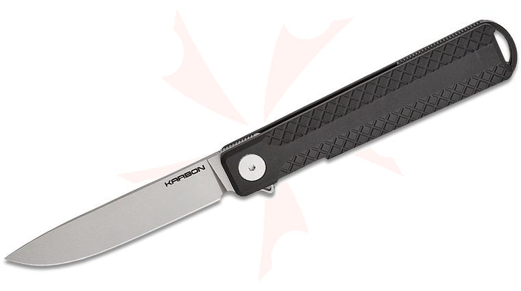 Karbon Knives Beatnik Bolstered Frame Lock Flipper Knife 3.25 inch 14C28N Bead Blasted Drop Point Blade, Milled Black Aluminum Handles