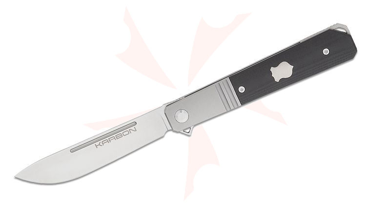 Karbon Knives Ken Onion Flatline Bolstered Frame Lock Flipper Knife 3.375 inch 154CM Satin Drop Point Blade, Bolstered Titanium Handles with Black G10 Scales