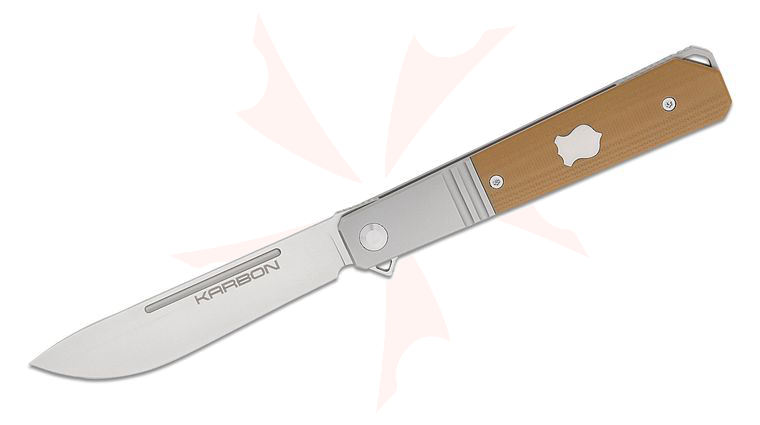 Karbon Knives Ken Onion Flatline Bolstered Frame Lock Flipper Knife 3.375 inch 154CM Satin Drop Point Blade, Bolstered Titanium Handles with Tan G10 Scales