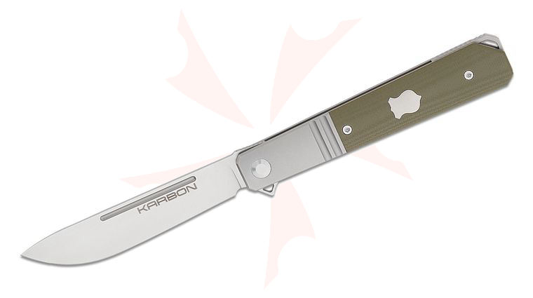 Karbon Knives Ken Onion Flatline Bolstered Frame Lock Flipper Knife 3.375 inch 154CM Satin Drop Point Blade, Bolstered Titanium Handles with Green G10 Scales