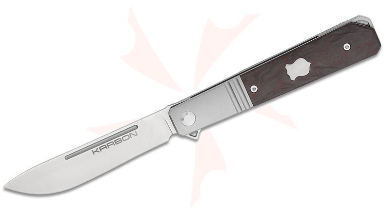 Karbon Knives Ken Onion Flatline Bolstered Frame Lock Flipper Knife 3.375 inch 154CM Satin Drop Point Blade, Bolstered Titanium Handles with Red Carbon Fiber Scales