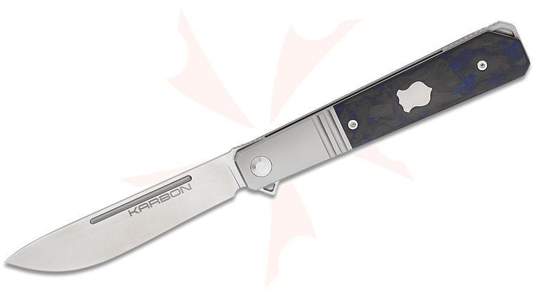 Karbon Knives Ken Onion Flatline Bolstered Frame Lock Flipper Knife 3.375 inch 154CM Satin Drop Point Blade, Bolstered Titanium Handles with Blue Carbon Fiber Scales