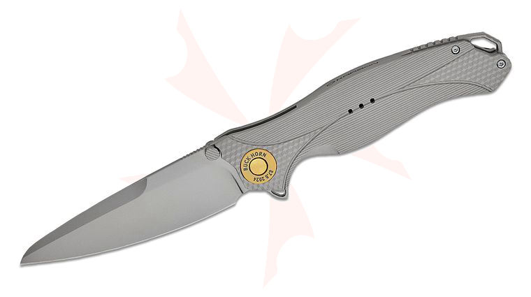 Karbon Knives Ken Onion Buck Horn Liner Lock Flipper Knife 3.75 inch 14C28N Bead Blasted Drop Point Blade, Milled Gray Aluminum Handles