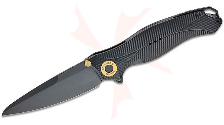 Karbon Knives Ken Onion Buck Horn Liner Lock Flipper Knife 3.75 inch 14C28N Black Drop Point Blade, Milled Black Aluminum Handles
