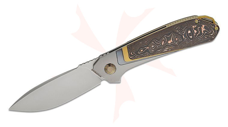 Karbon Knives Ken Onion Smokeshow Frame Lock Flipper Knife 3.29 inch M390 Bead Blasted Drop Point Blade, Bolstered Titanium Handles with Copper Foil Carbon Fiber Inlays