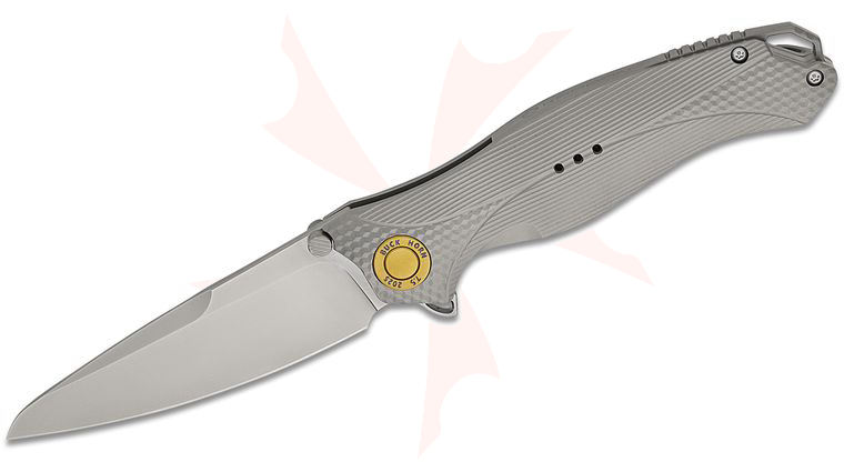 Karbon Knives Ken Onion Mini Buck Horn Frame Lock Flipper Knife 3.25 inch M390 Bead Blasted Drop Point Blade, Milled Titanium Handles