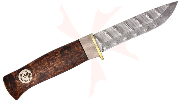 Karesuando Kniven Beaver Damask 3.75 inch Fixed Blade, Curly Birch and Reindeer Antler Handle, Leather Sheath
