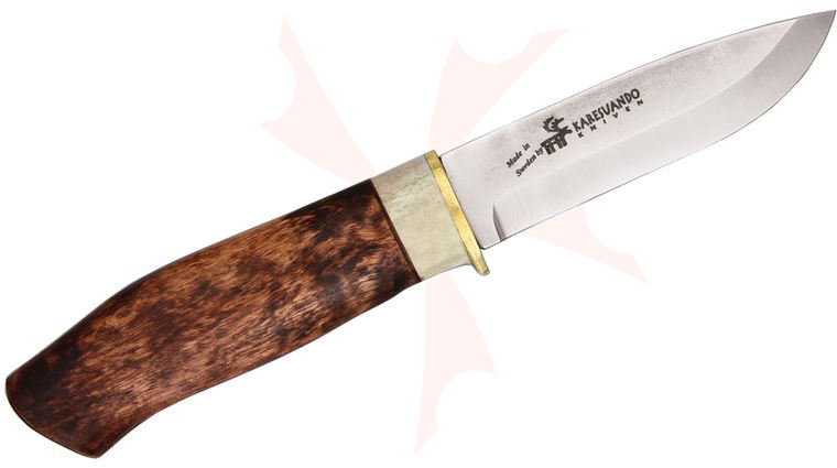 Karesuando Kniven Boar Exclusive Fixed 3.75 inch 12C27 Plain Blade, Oiled Curly Birch with Reindeer Antler Handle, Leather Sheath