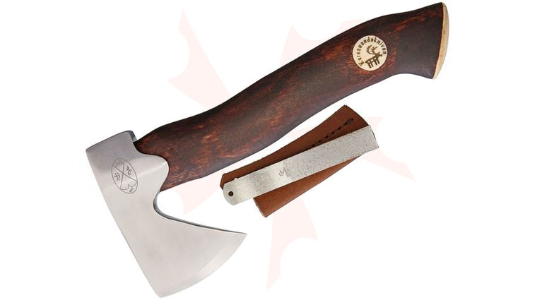 Karesuando Kniven Unna Aksu Hunter's Axe Hatchet 8.75 inch Overall, Brown Oiled Curly Birch Handle, Leather Sheath