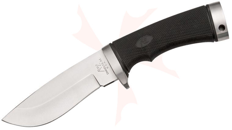 Katz Wild Kat Skinning Knife Fixed 4.625 inch Satin Plain Blade, Black Kraton Handle, Brown Leather Sheath