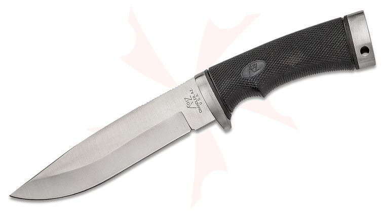 Katz Lion King Hunting Knife Fixed 6.125 inch Satin Plain, Black Kraton Handle, Brown Leather Sheath