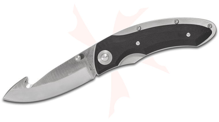 Katz Kagemusha Secret Ninja Folding Knife 3.5 inch Satin Plain Blade with Gut Hook, Stippled Kraton Handles