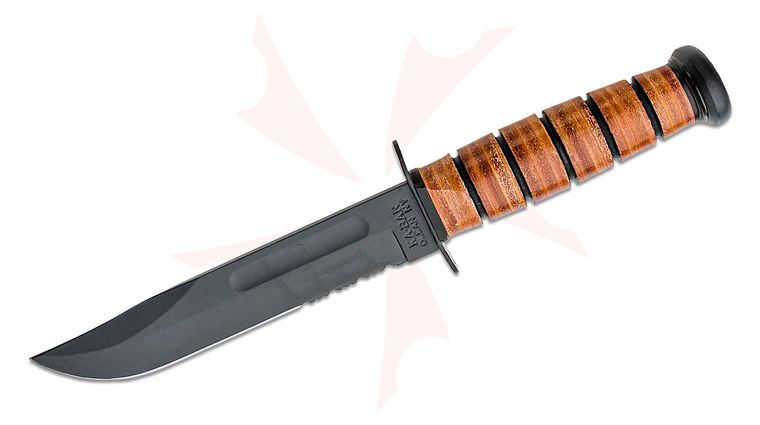 KA-BAR 1218 USMC Fighting Knife Fixed Blade 7 inch 1095 Black Clip Point Combo Blade, Leather Handles, Leather Sheath