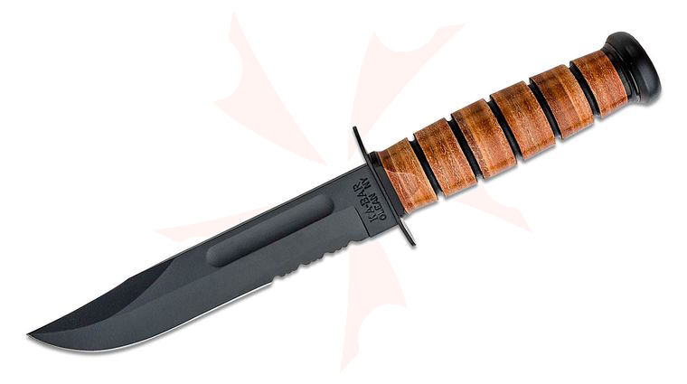 KA-BAR 1219 US Army Fighting Knife Fixed Blade 7 inch 1095 Black Clip Point Combo Blade, Leather Handles, Leather Sheath