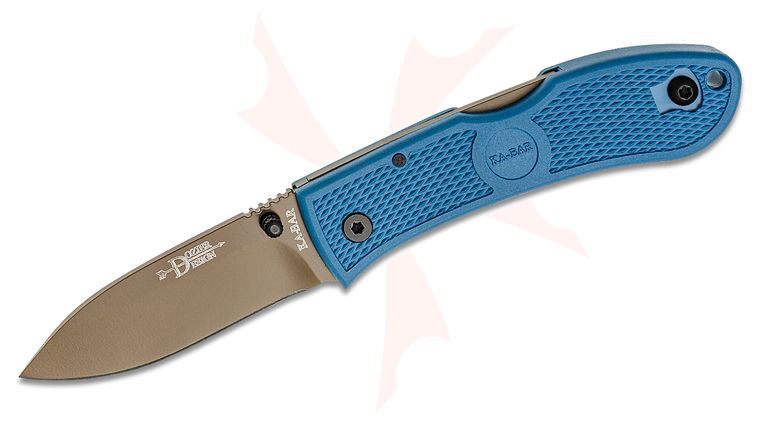 KA-BAR 4062D2 Dozier Hunter Lockback Folding Knife 3 inch D2 Coyote Tan Drop Point Blade, Steel Blue Zytel Handles
