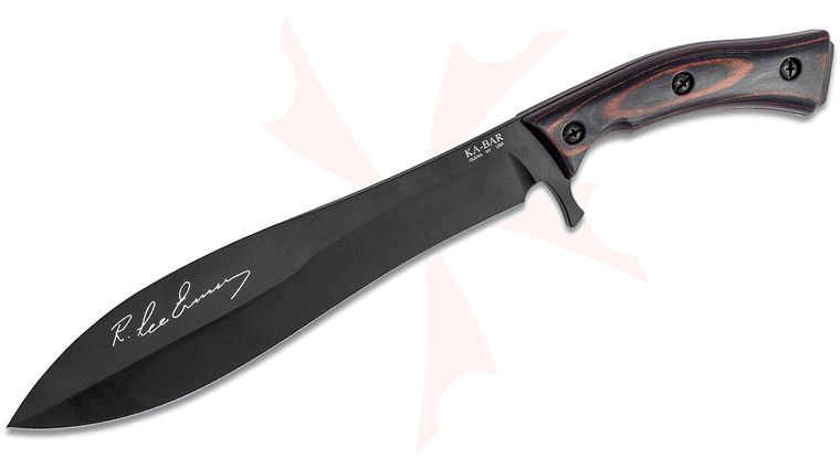 KA-BAR R. Lee Ermey 5300 Gunny Fixed Blade Knife 9.75 inch 1095 Black Spear Point, Webb Wood Handle, Leather Sheath