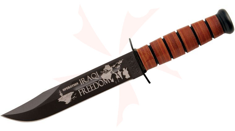 KA-BAR 9127 US Army Commemorative Iraqi Freedom Fighting Knife 7 inch Plain Blade, Leather Handles, Leather Sheath