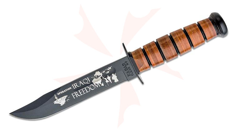 KA-BAR 9131 USN Commemorative Iraqi Freedom Fighting Knife 7 inch Plain Blade, Leather Handles, Leather Sheath
