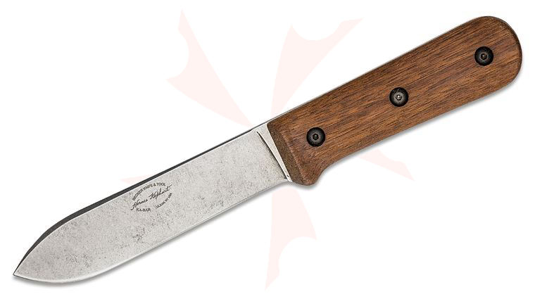 KA-BAR BK62 Becker Kephart Fixed Blade Knife 5.125 inch 1095 Stonewashed Spear Point, Walnut Wood Handles, LeatherSheath
