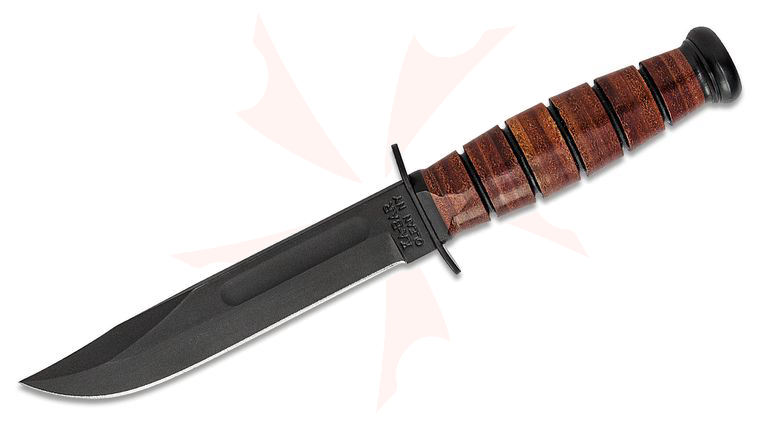 KA-BAR 1250 Short USMC Fighting Knife Fixed Blade 5.25 inch 1095 Black Clip Point Blade, Leather Handles, Leather Sheath
