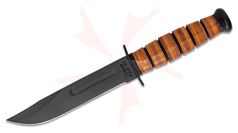 KA-BAR 1251 Short USA Fighting Knife Fixed Blade 5.25 inch 1095 Black Clip Point Plain Blade, Leather Handles, Leather Sheath
