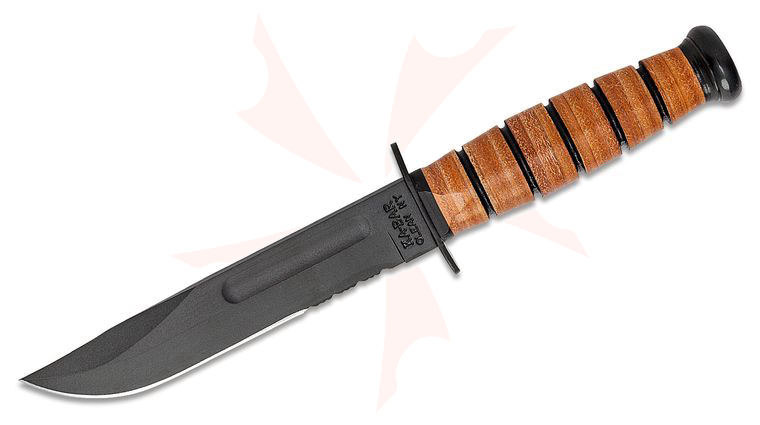 KA-BAR 1252 Short USMC Fighting Knife Fixed Blade 5.25 inch 1095 Black Clip Point Combo Blade, Leather Handles, Leather Sheath