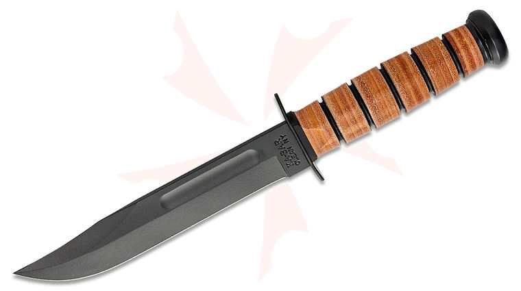 KA-BAR 1217 Full Size USMC Fighting Knife Fixed Blade 7 inch 1095 Black Clip Point Plain Blade, Leather Handles, Leather Sheath