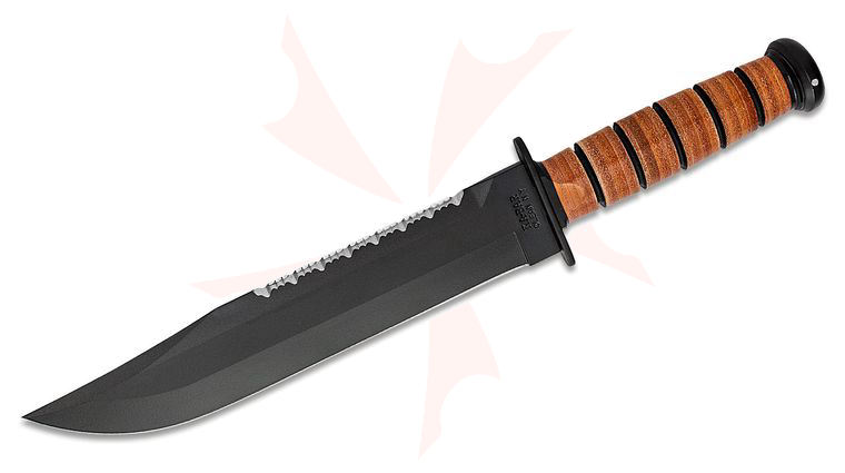 KA-BAR 2217 Big Brother Fighting / Utility Knife 9-3/8 inch Double Edge Plain and Serrated Blade, Leather Handles, Brown Leather Sheath