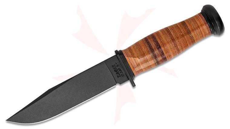KA-BAR 2225 USN Mark I Fighting / Utility Knife 5-1/8 inch Plain Blade, Leather Handle, Brown Leather Sheath