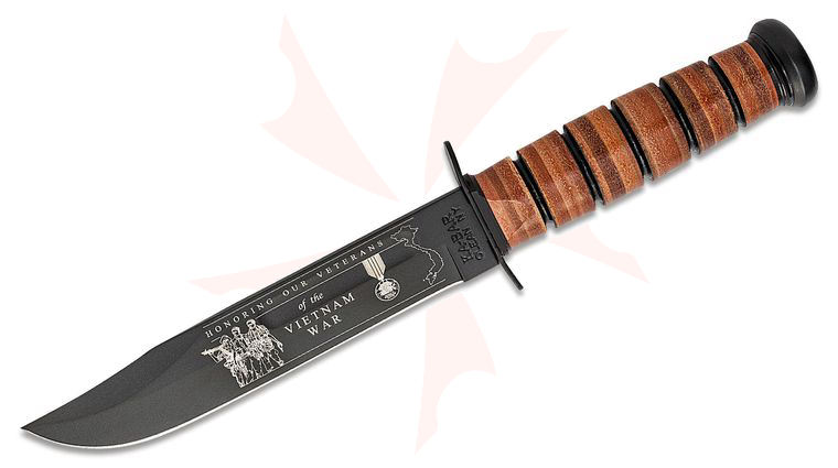 KA-BAR 9141 USN Commemorative Vietnam Fighting Knife 7 inch Plain Blade, Leather Sheath, Leather Handles