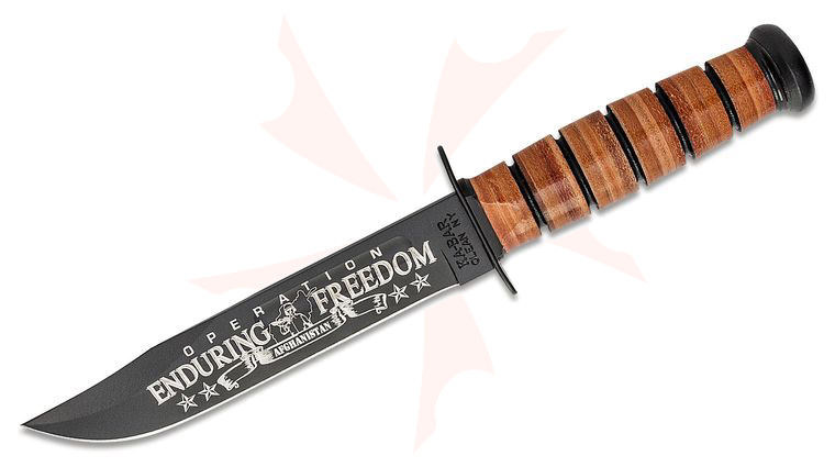 KA-BAR 9168 US Army Commemorative Fighting Knife OEF Afghanistan 7 inch Plain Blade, Leather Handles, Leather Sheath