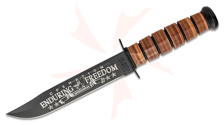 KA-BAR 9169 USMC Commemorative Fighting Knife OEF Afghanistan 7 inch Plain Blade, Leather Handles, Leather Sheath