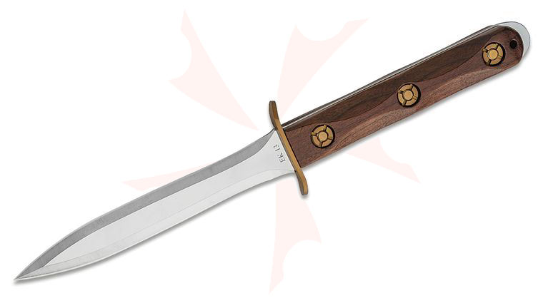 KA-BAR John Ek Commando Ek Presentation Knife 6.625 inch Double Edge 440C Dagger Blade, Walnut Handles, Leather Sheath